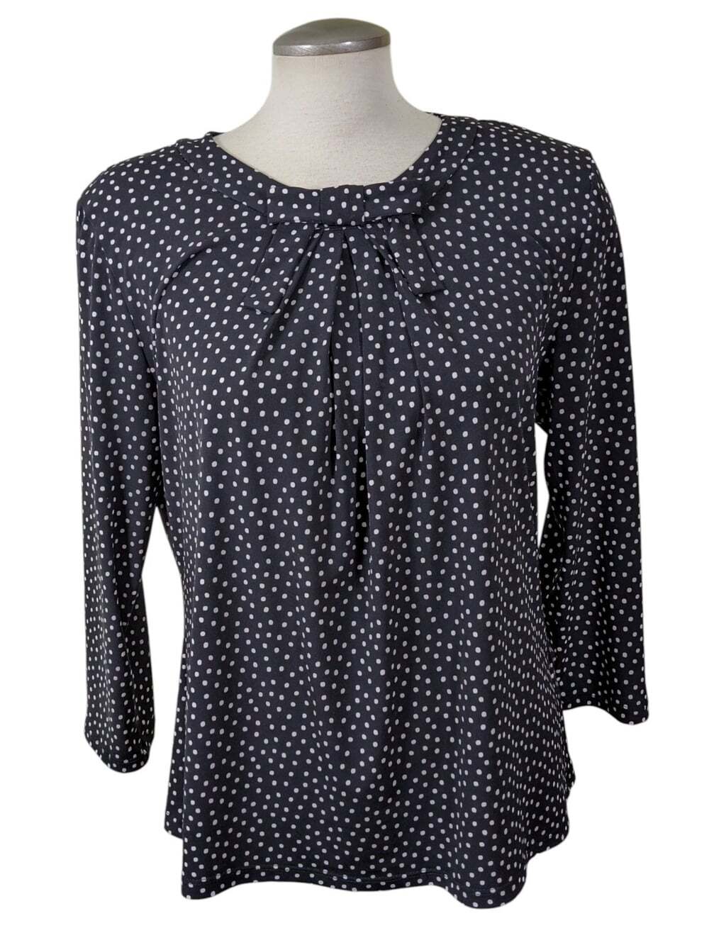 Karl Lagerfeld Paris Black White Polka Dot Bow Blouse 3/4 Sleeves Size L Retro